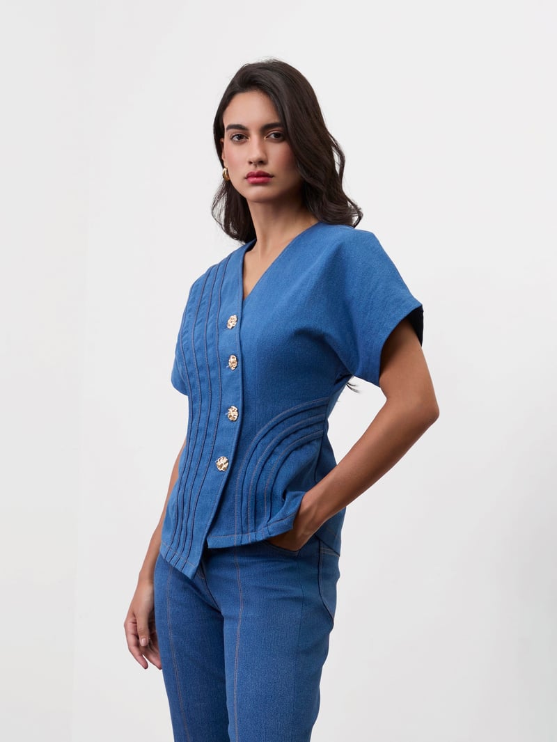 Medium Blue Asymmetrical Denim Wrap Top