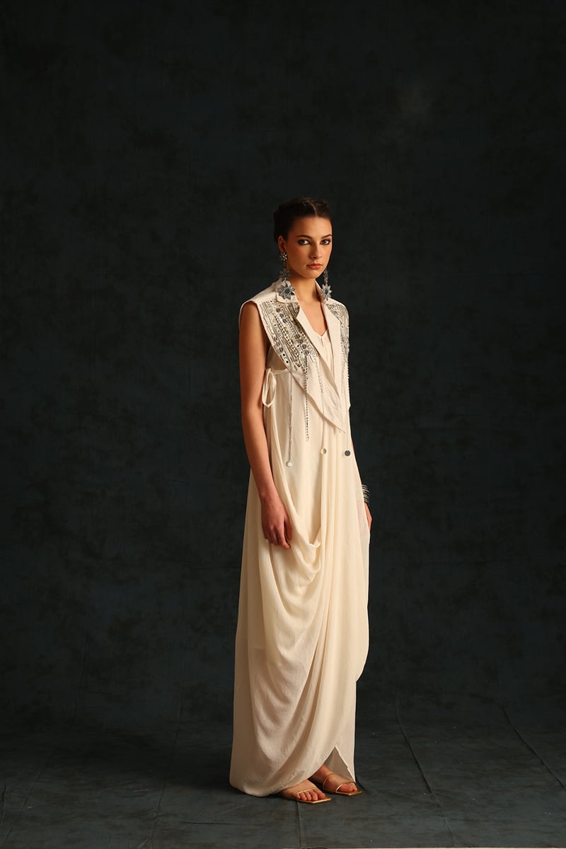 Off-White Maxi Cowl Dress with Cape Waistcoat