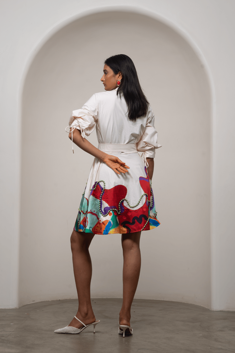 White Wrap Mini Dress with Patchwork Appliqué and Tie Belt