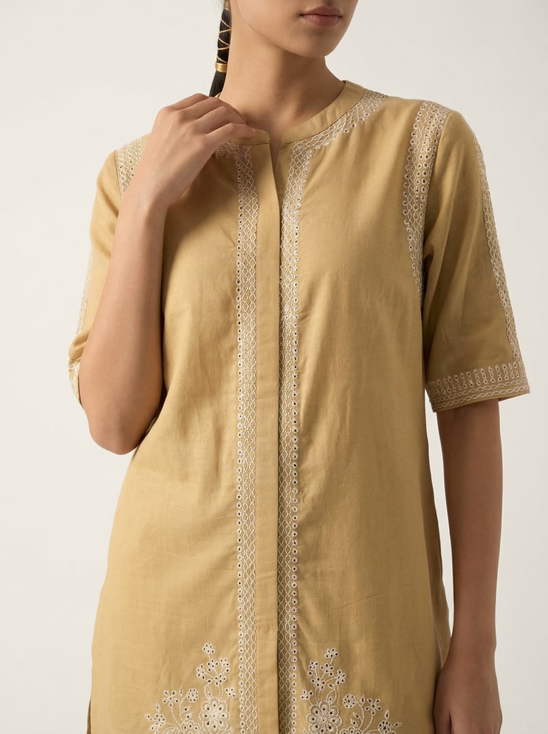 Beige Schiffli Embroidered Kurta and Pants Co-ord Set