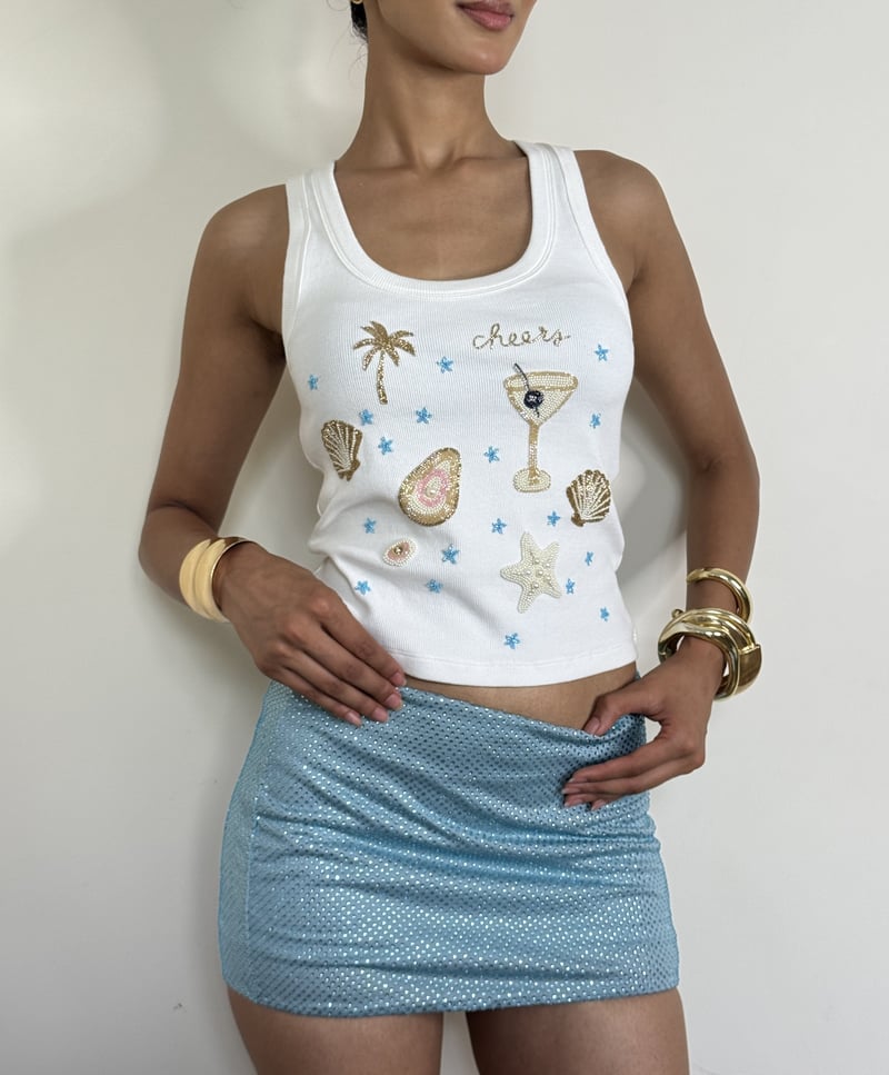 White Rib Knit Square Neck Beaded Tank Top