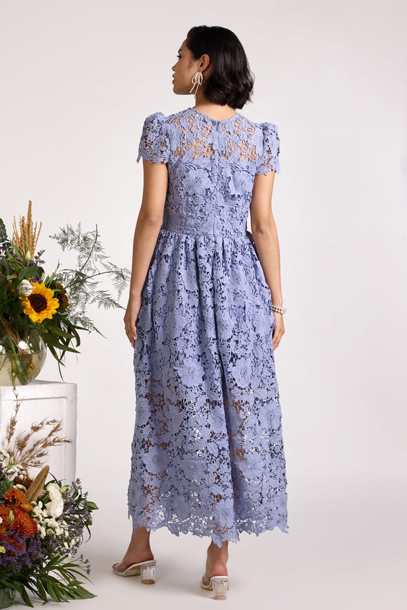 Ice Blue Lace Fit and Flare Maxi Dress