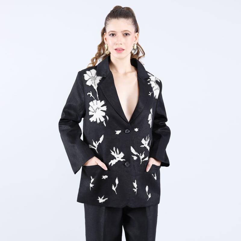 Black Linen Twill Applique Embroidered Blazer