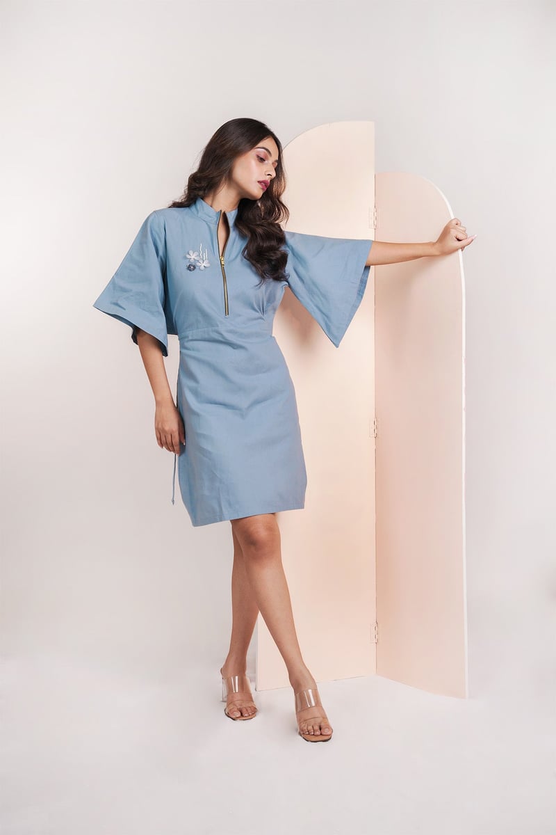 Blue Zip-Neck Mini Dress with Open Back and 3D Floral