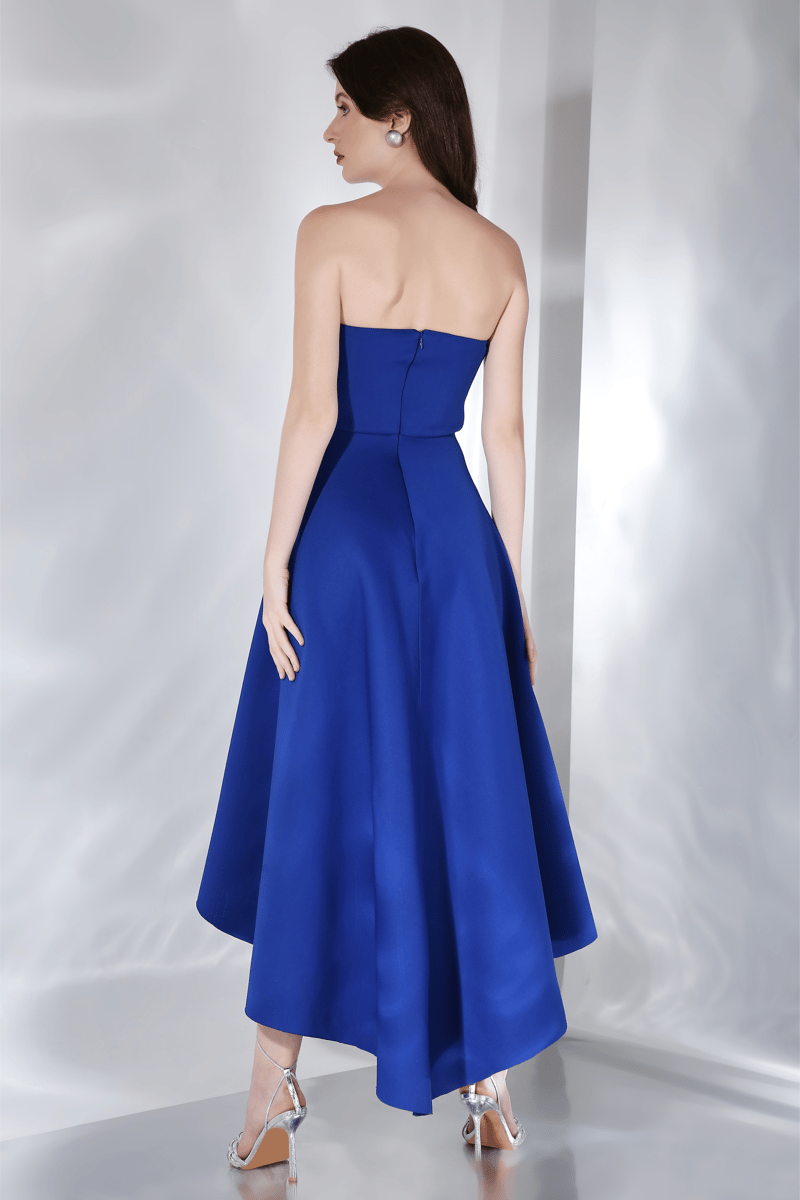 Blue Strapless Fit and Flare High-Low Midi Dress Set