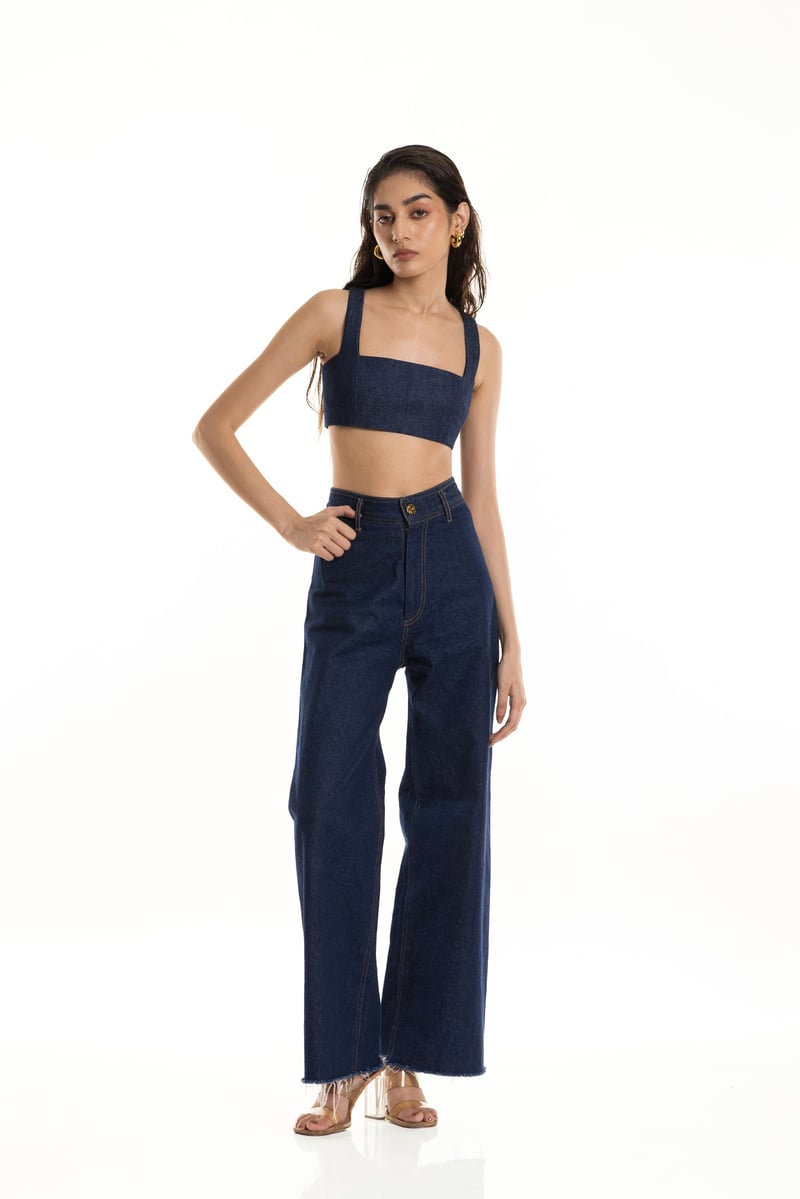 Denim Blue Square-Neck Bustier Crop Top
