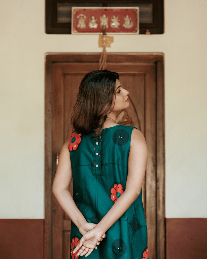 Green Floral Printed Cotton Satin Shift Dress