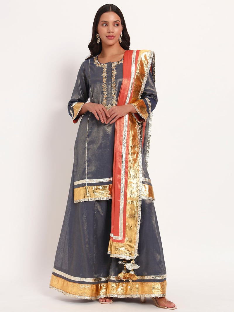 Grey-Blue Cotton Tissue Sharara Kurta Set with Dupatta
