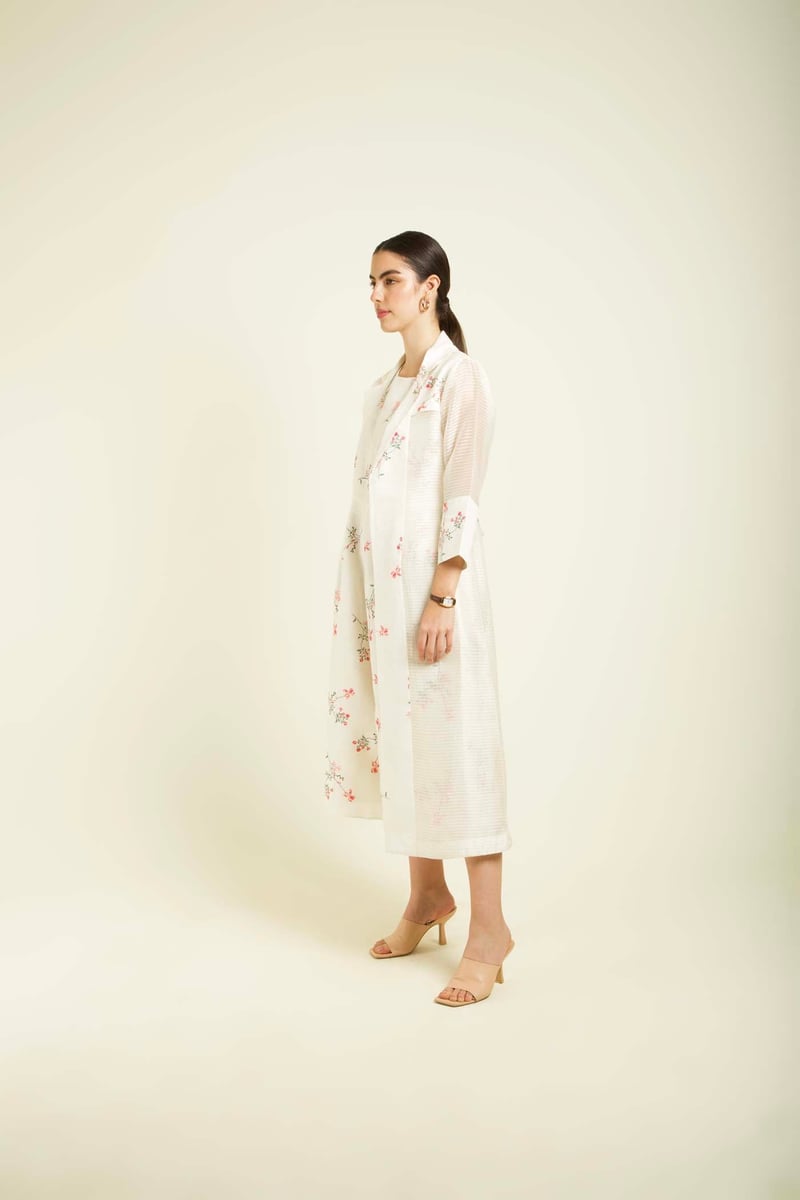 Ivory Floral Printed Linen Jumpsuit with Organza Jacket Set