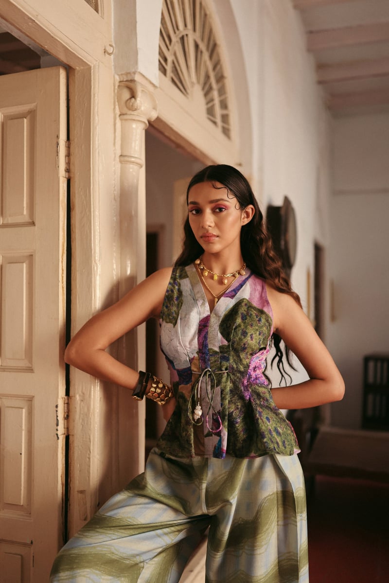 LightBlue Abstract Print Linen Peplum Top with Lace-Up Waist