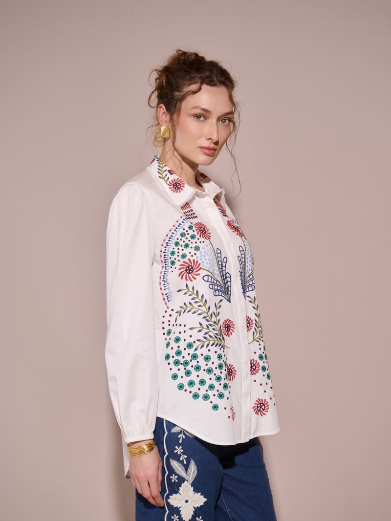 White Embroidered Cotton Button-Down Shirt