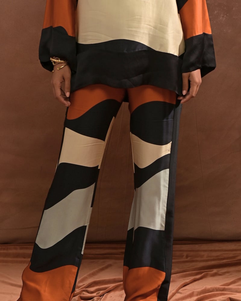 High-Waist Abstract Printed Modal Satin Straight-Leg Trousers