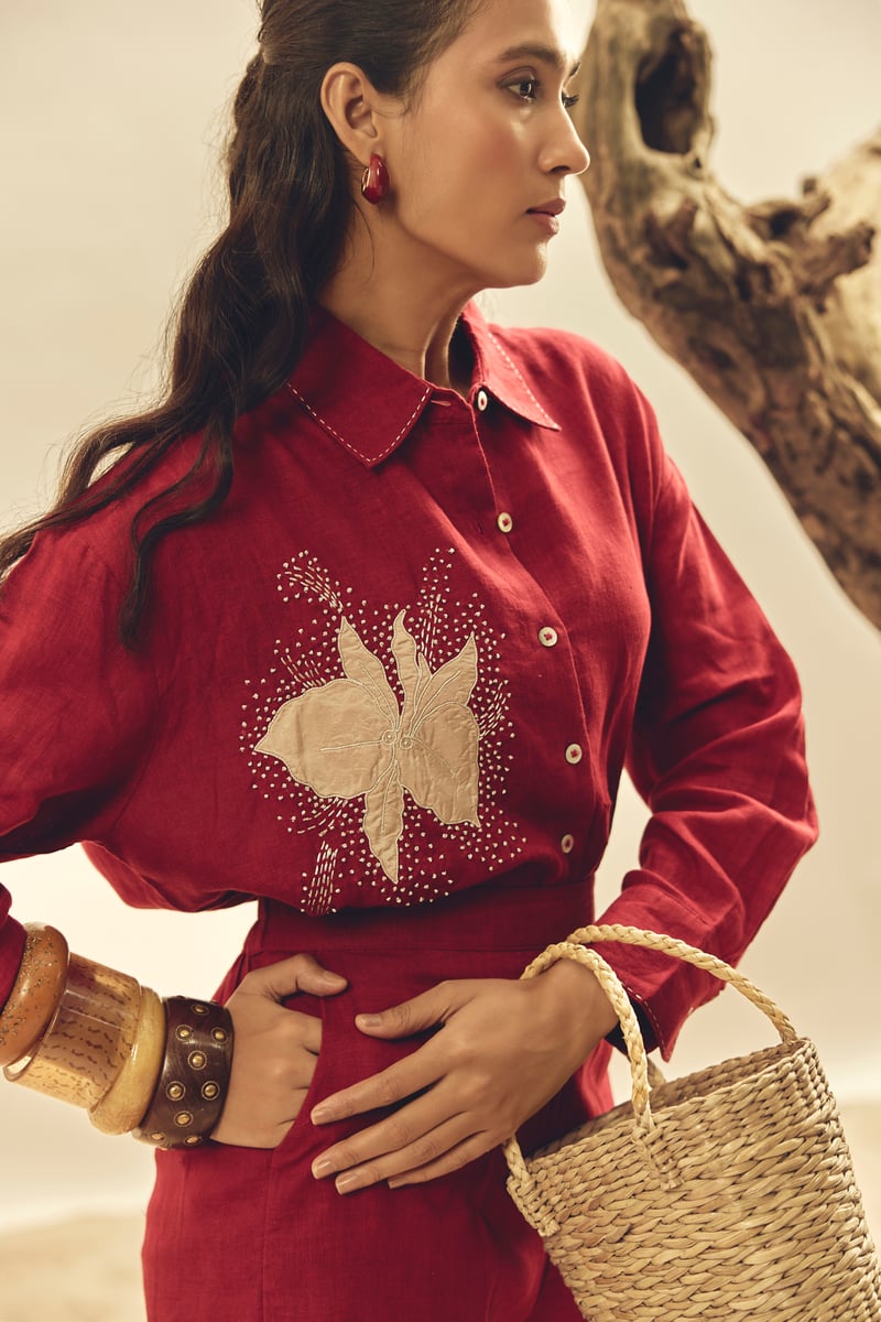 Crimson Linen Shirt and Trousers Co-ord Set