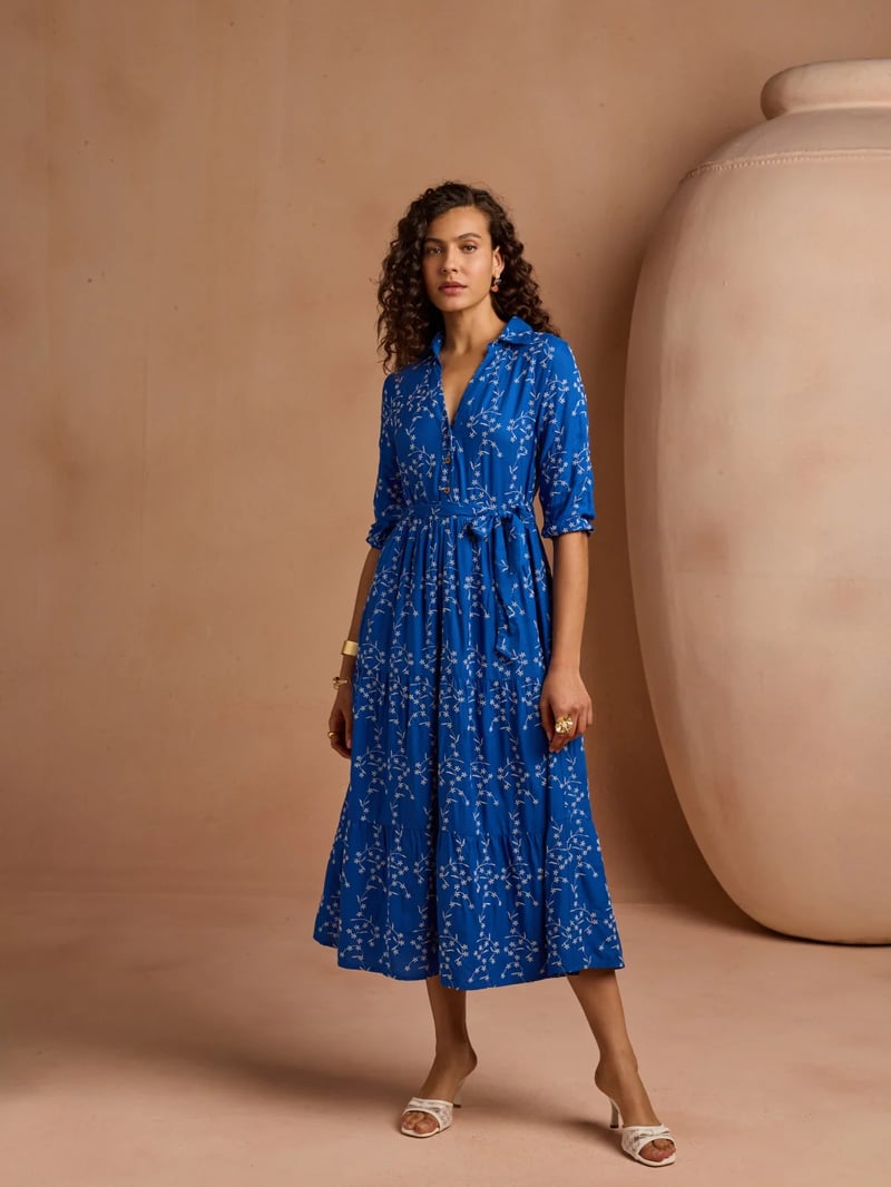 Blue Floral Print Belted Tiered Midi Shirt Dress
