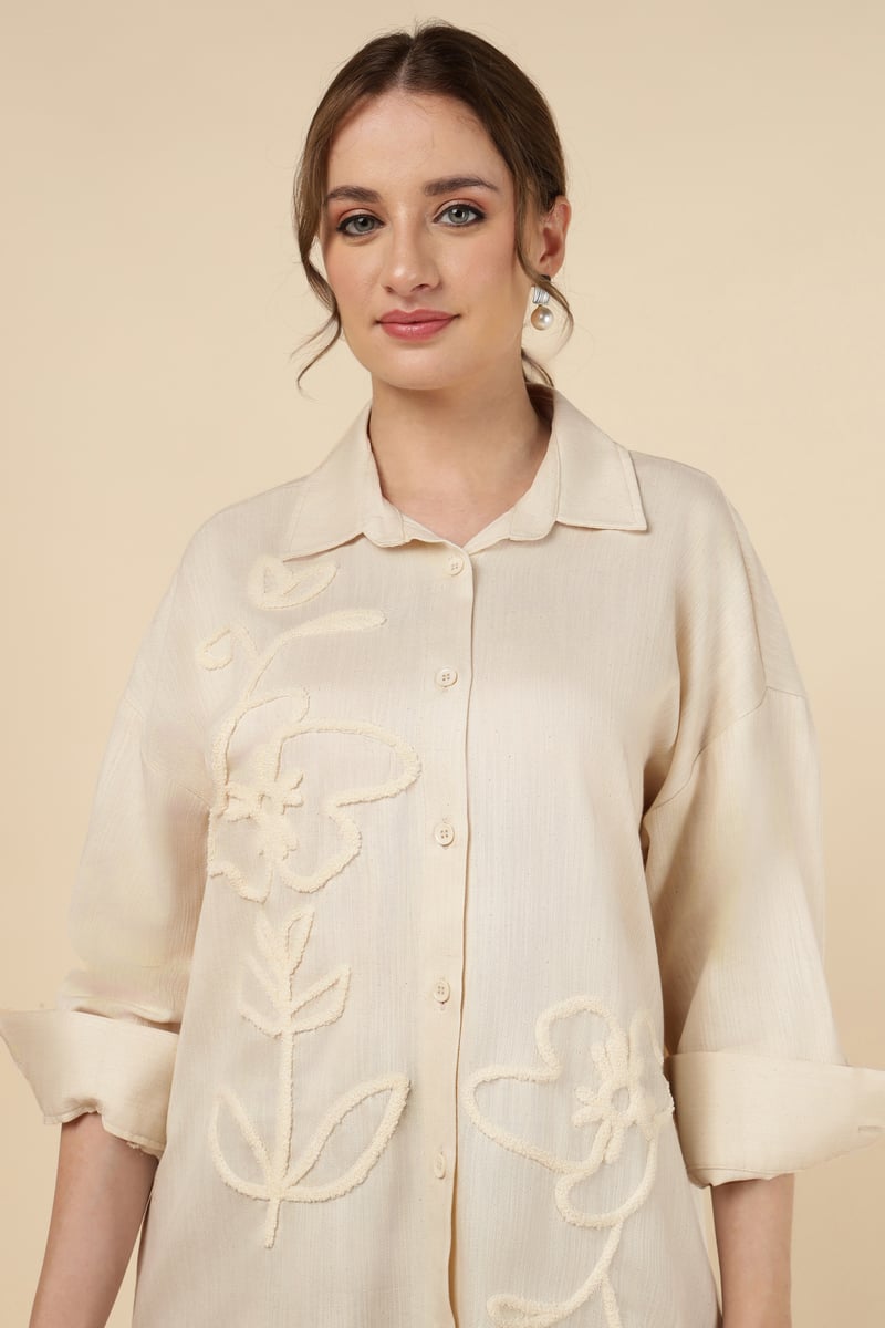 Natural Ivory Tonal Embroidered Button-Down Shirt