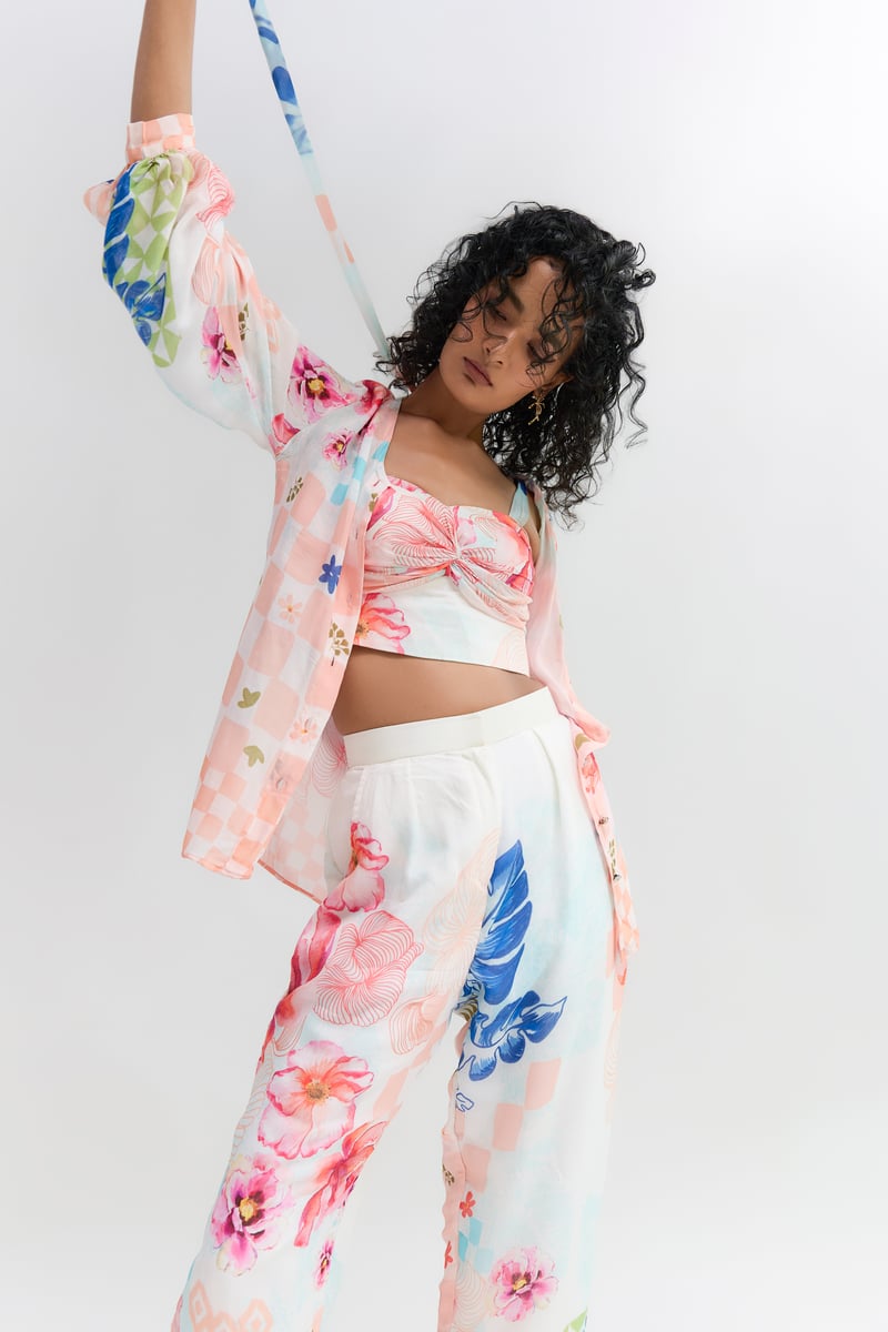 Multi Coloured Silk Abstract Floral Printed Pants