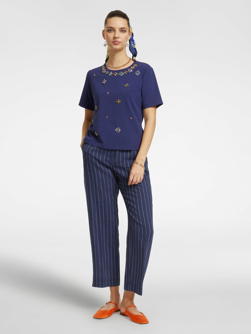 Blue Embellished Round-Neck Cotton Jersey T-Shirt