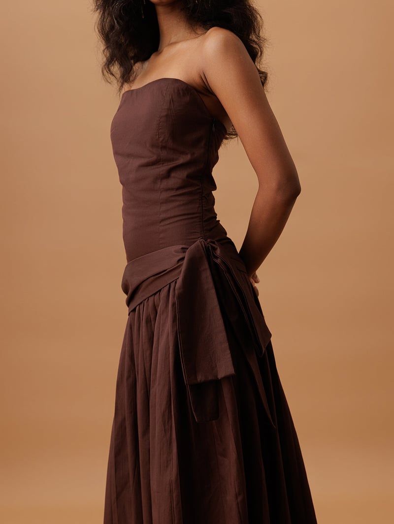 Brown Strapless Pleated Midi Dress with Side-Tie Drape