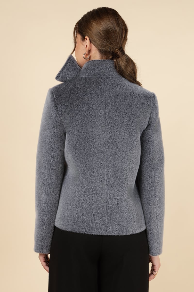 Grey Plush Bow-Collar Button-Front Jacket