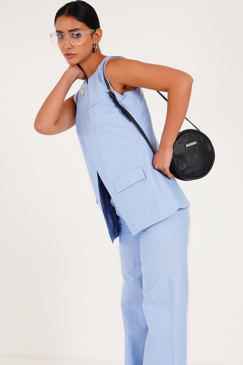 Blue Chambray High-Rise Wide-Leg Trousers