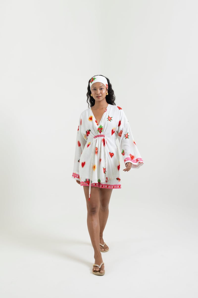 White Heart Print V-Neck Drawstring Waist Top
