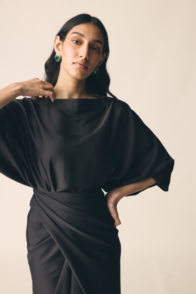 Black Satin Oversized Top and Wrap Maxi Skirt Co-ord Set