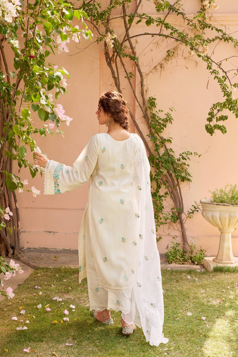 Ivory Chanderi Embroidered Straight Suit Set with Dupatta