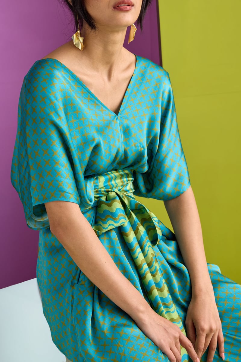 Teal Geometric Print Wide-Leg Maxi Jumpsuit with Tie Belt
