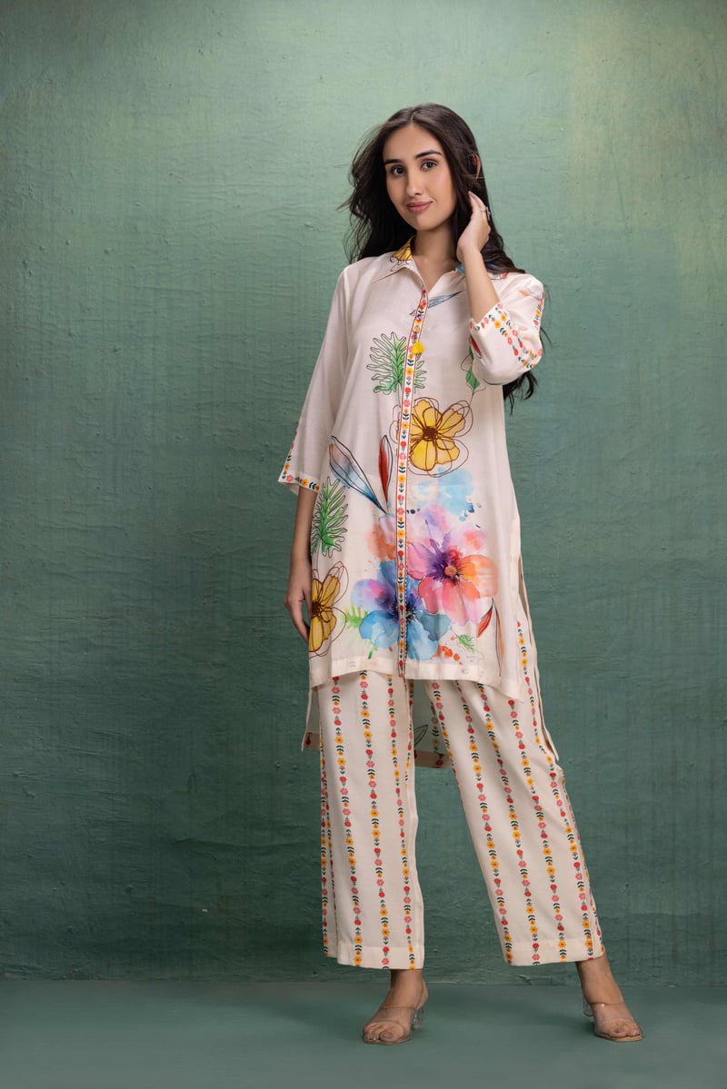 Beige Floral Printed Kurta and Pants Co-ord Set — Kahani Lush