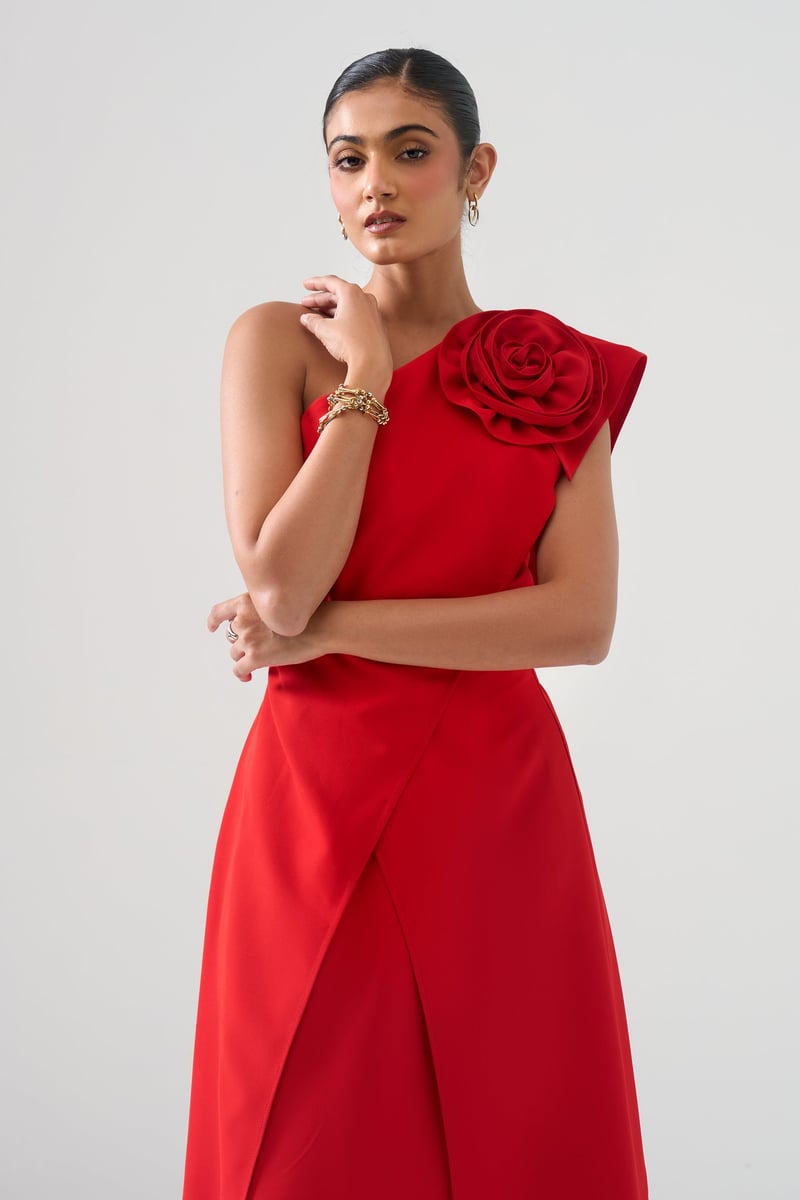 Red One-Shoulder Midi Dress with Rosette Detail