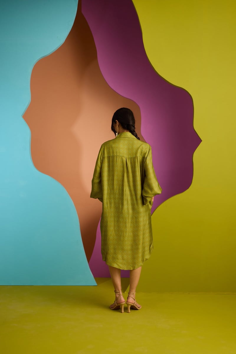 Olive Printed Satin Oversized Shirt Dress with Pockets