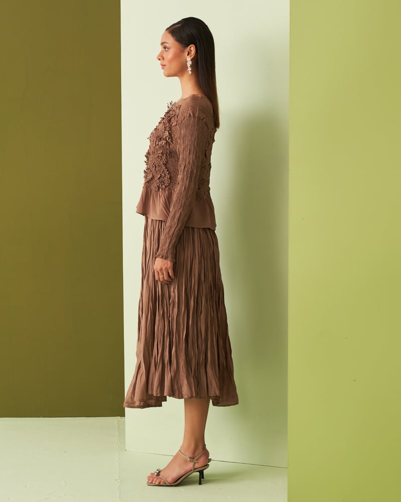 Brown Textured Top and Pleated Midi Skirt Co-ord Set