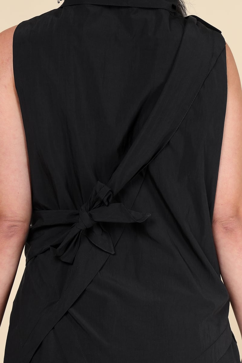 Black High Neck Sleeveless Wrap Top with Tie Waist