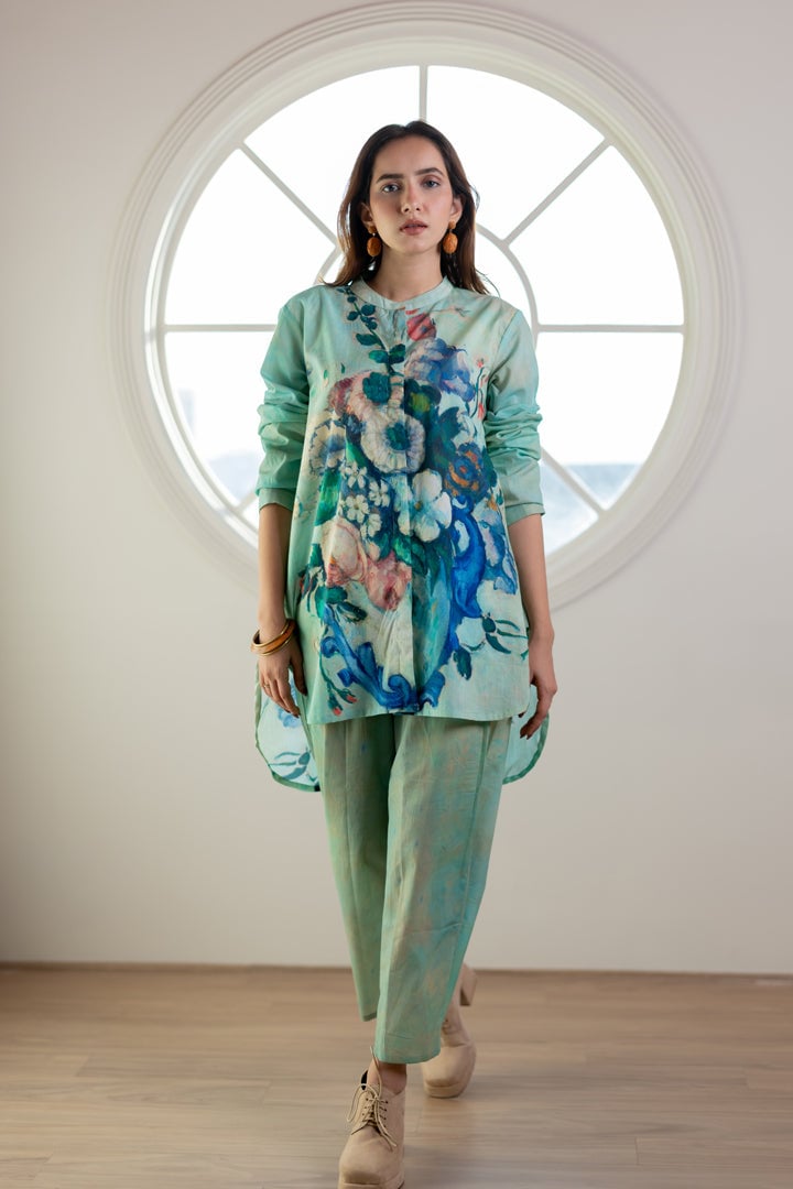 Aqua Green Printed Shirt and Pant Co-ord Set