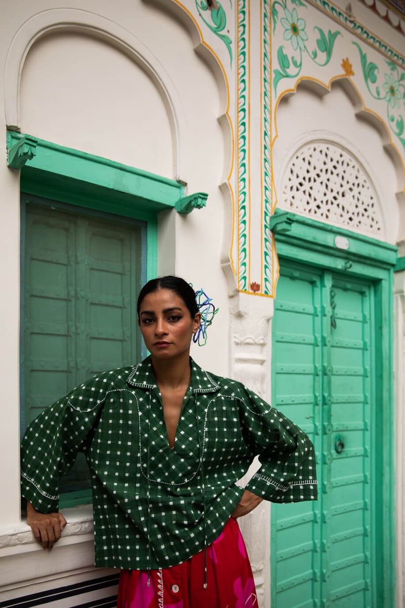 Green Checked Cotton Blouse with Tie-Up Collar