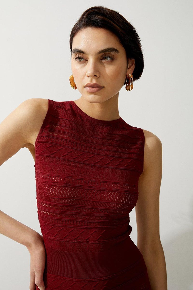 Rust Pointelle Knit Racer Midi Bodycon Dress