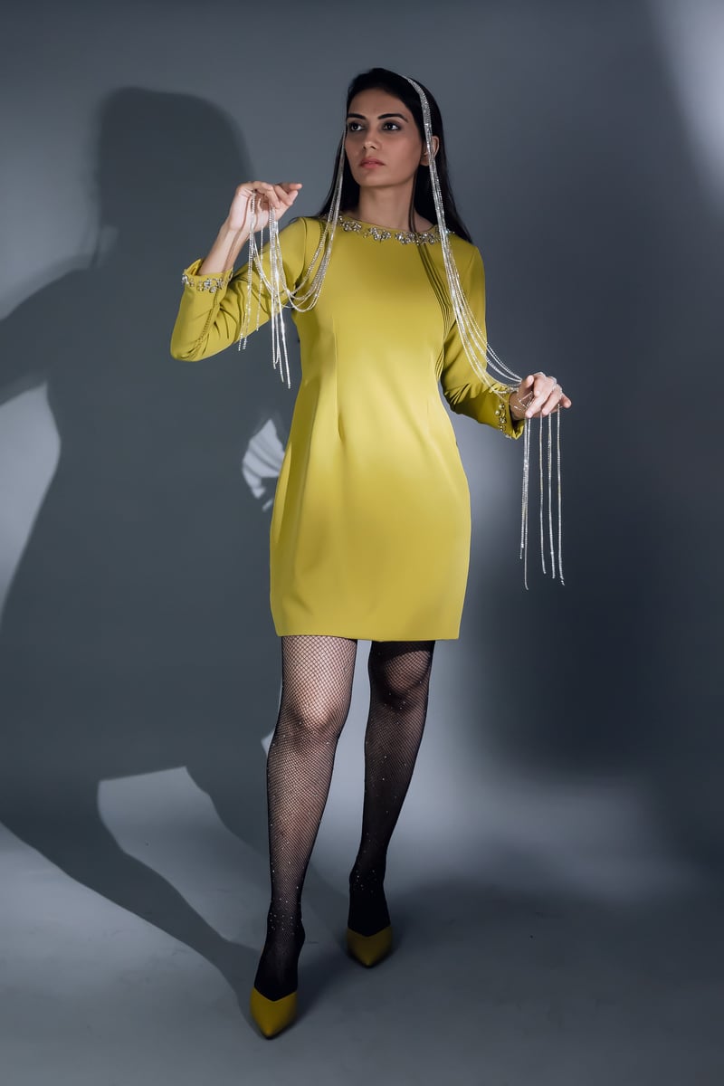 Yellow Crystal-Embellished Sheath Mini Dress