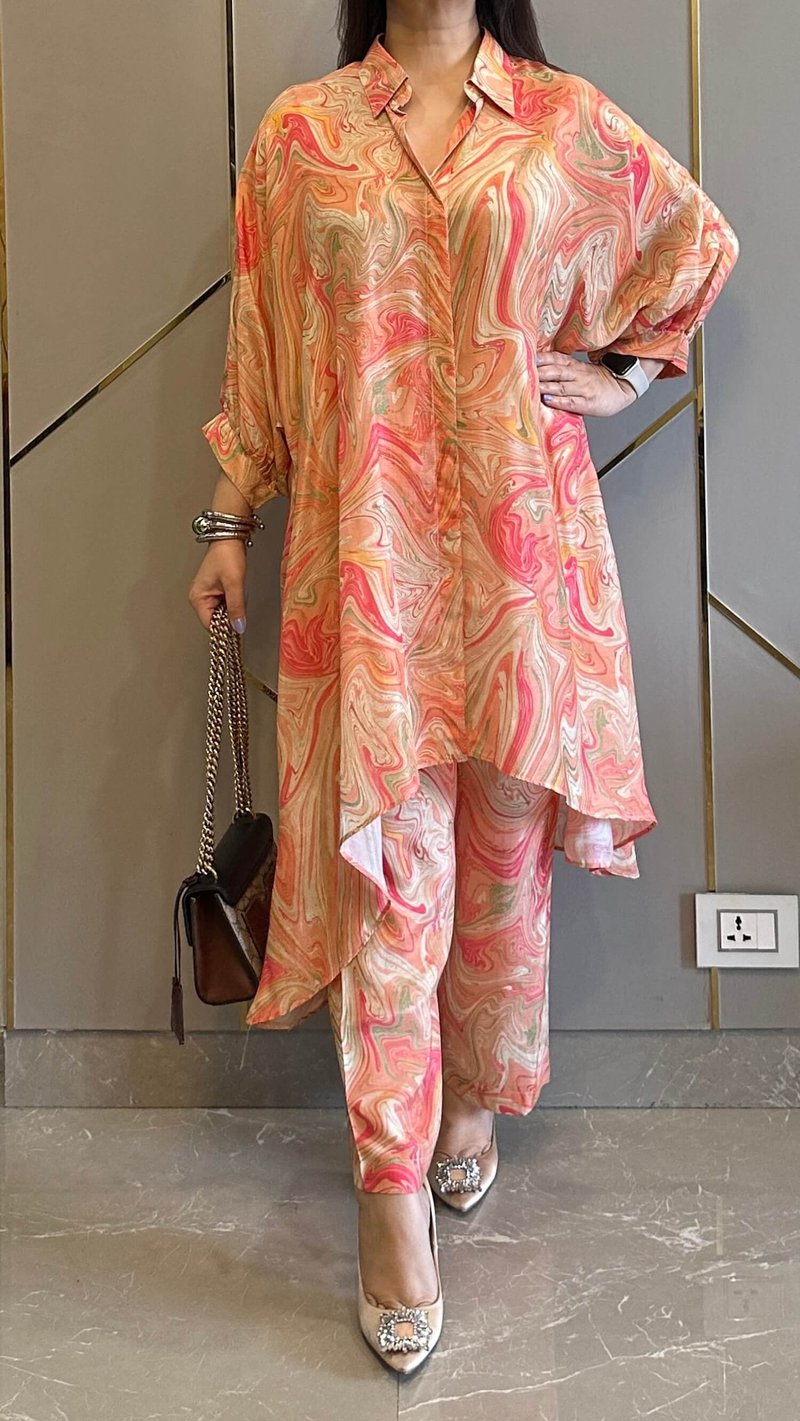 Peach Abstract Printed Muslin Co-ord Set with Wide-Leg Pants — Kylee Fashions