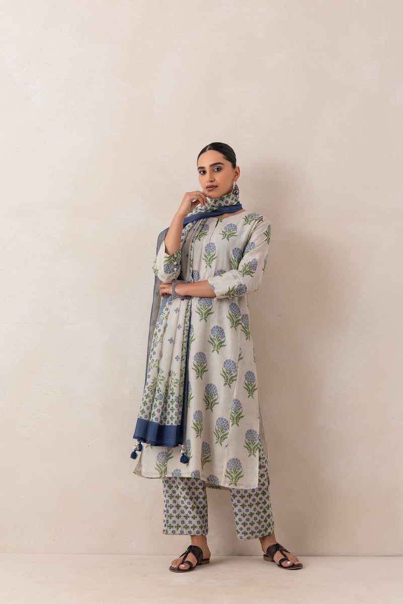 Grey and Blue Floral Buta Printed Kurta Set with Dupatta