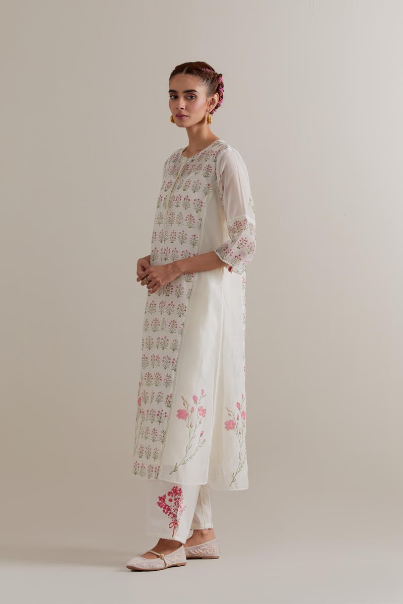 Off-White Floral Block Print Kurta Set with Dupatta