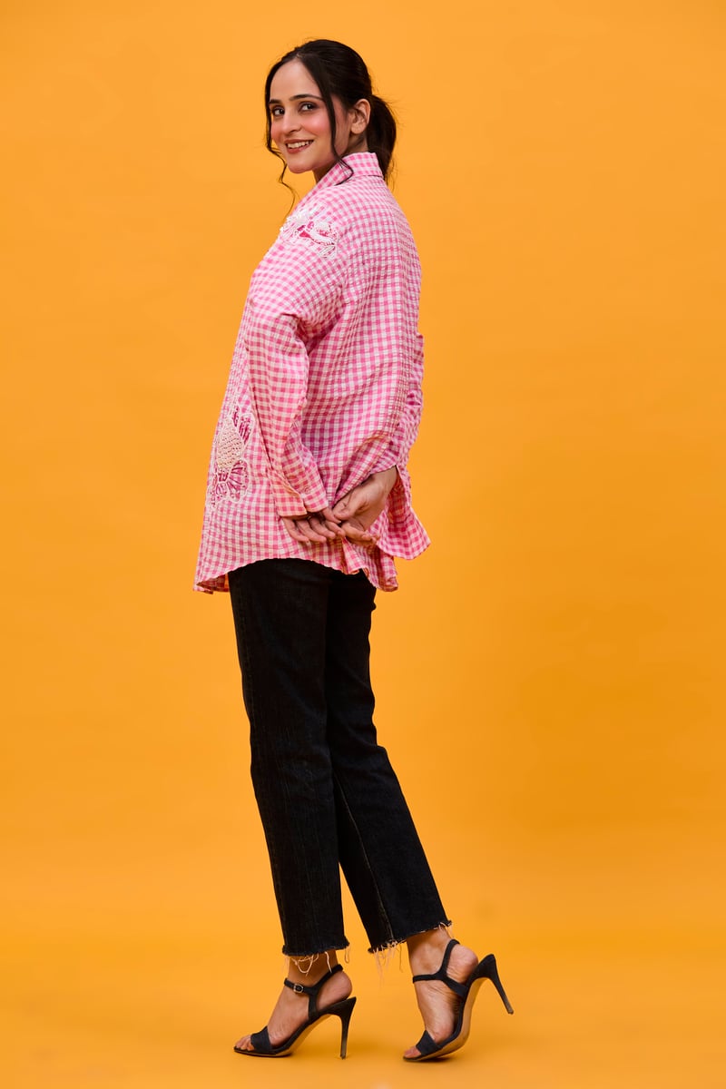 Pink seersucker rose shirt