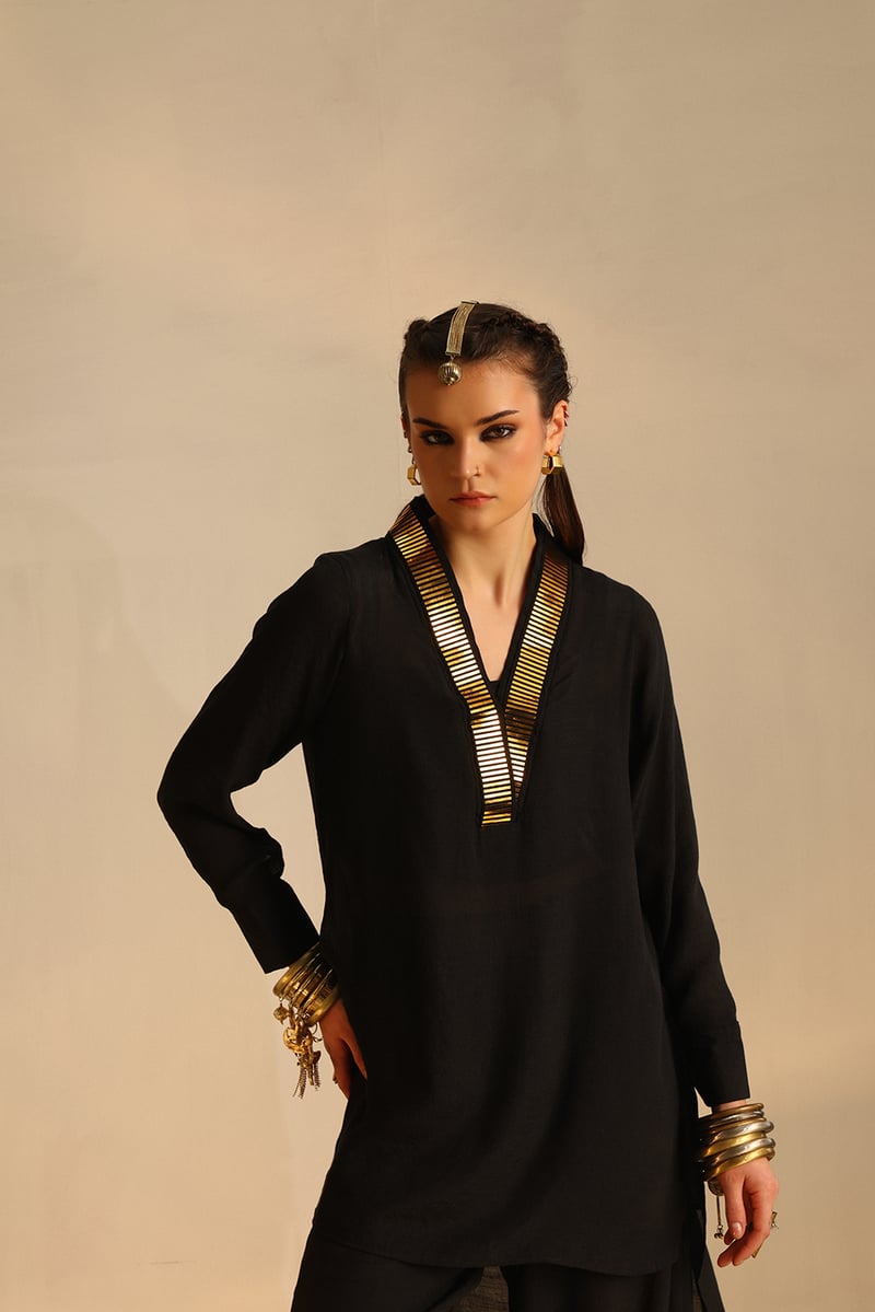 Black Foil-Trim Tunic and Palazzo Co-ord Set