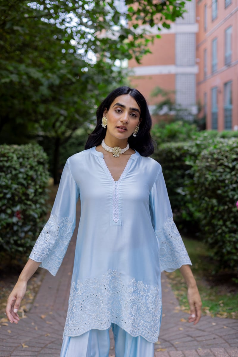 Light Blue Embroidered Kurta and Farshi Salwar Set