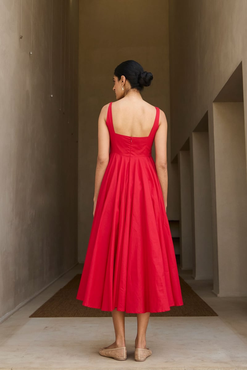 Red Cotton Cambric Fit and Flare Square Neck Midi Dress