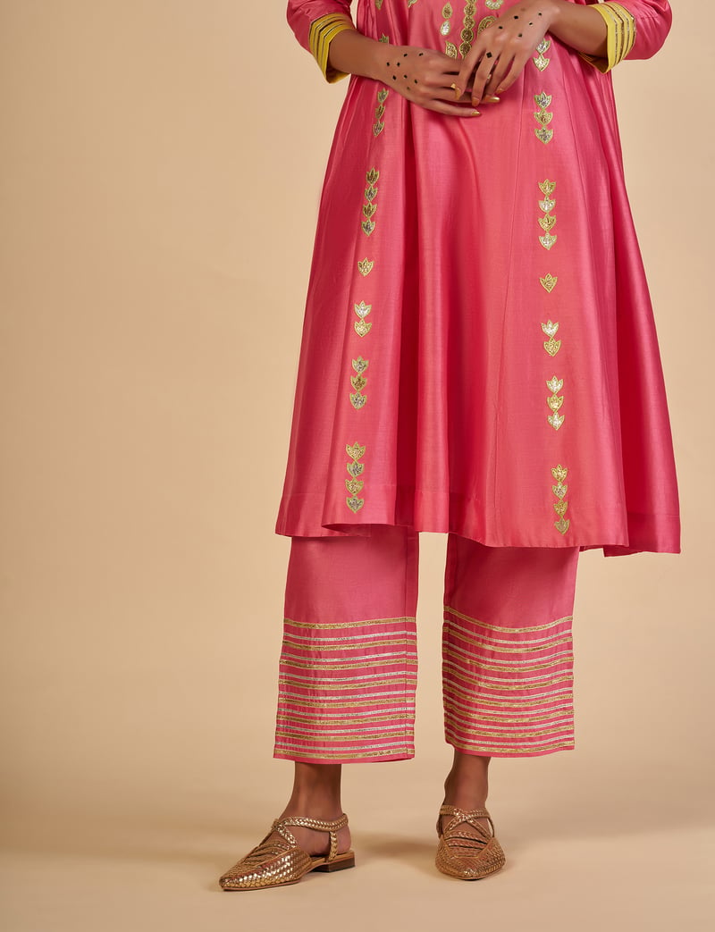 Pink Silk Chanderi Culotte Trousers with Gota Border