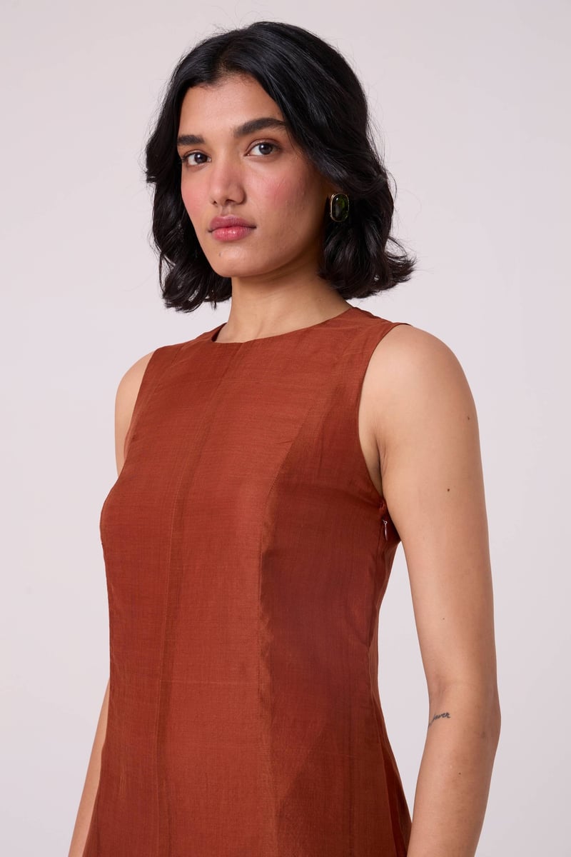 Copper Sleeveless A-Line Tiered Midi Dress