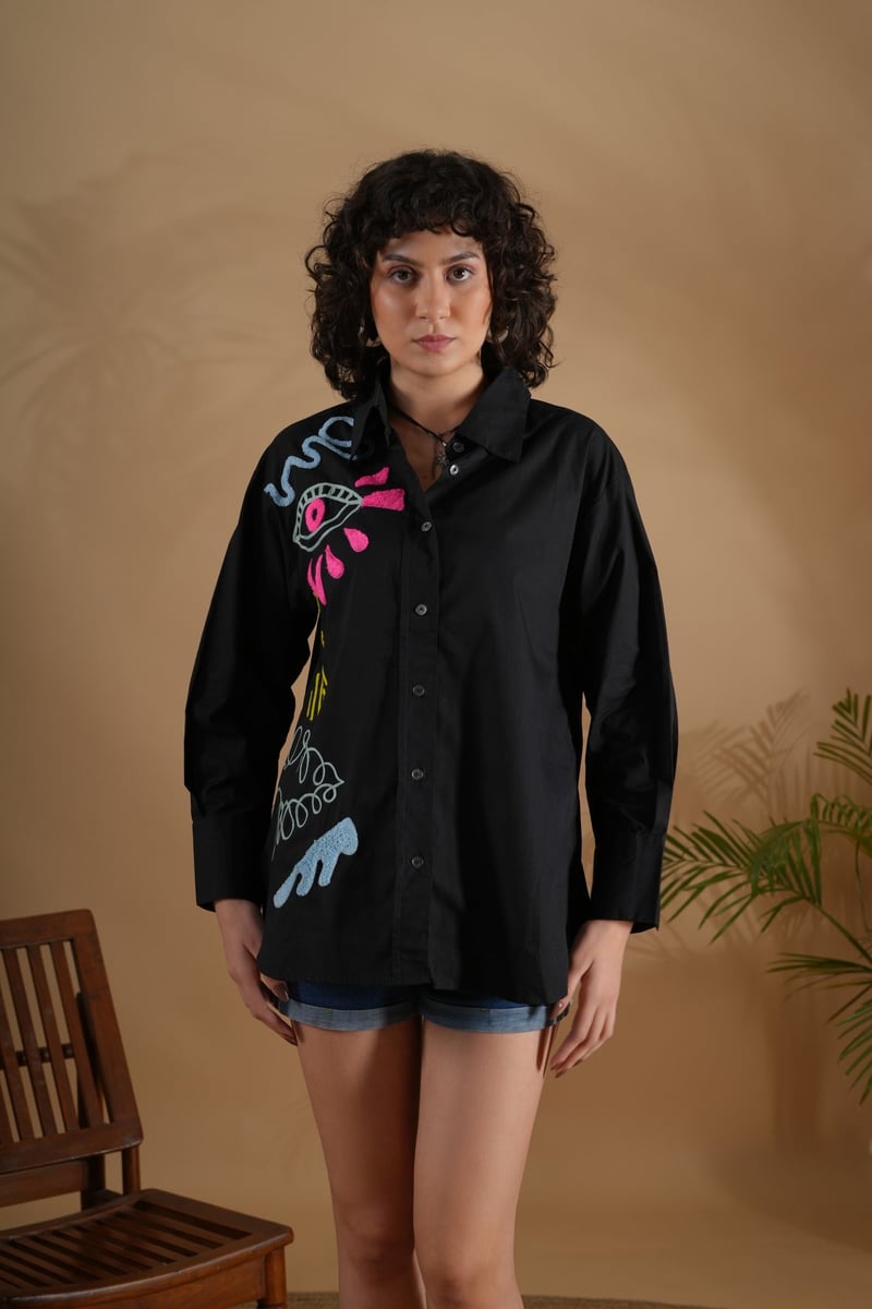 Black Oversized Embroidered Cotton Shirt