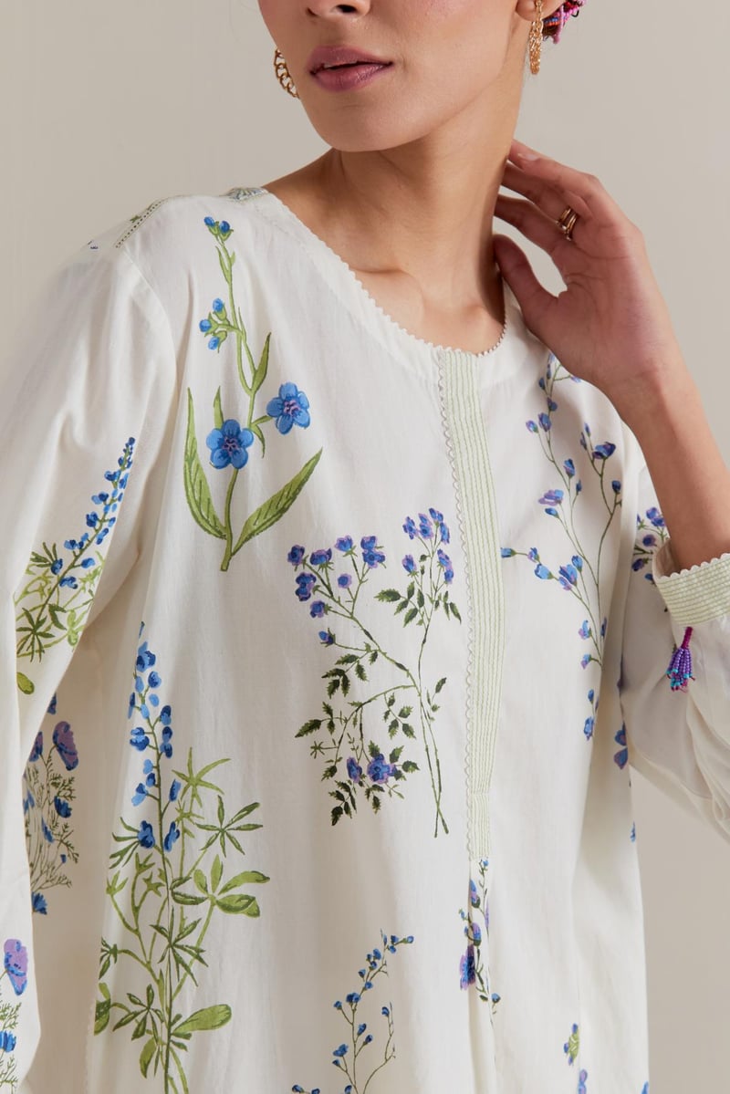 Off-White Floral Block Print Straight Kurta Set