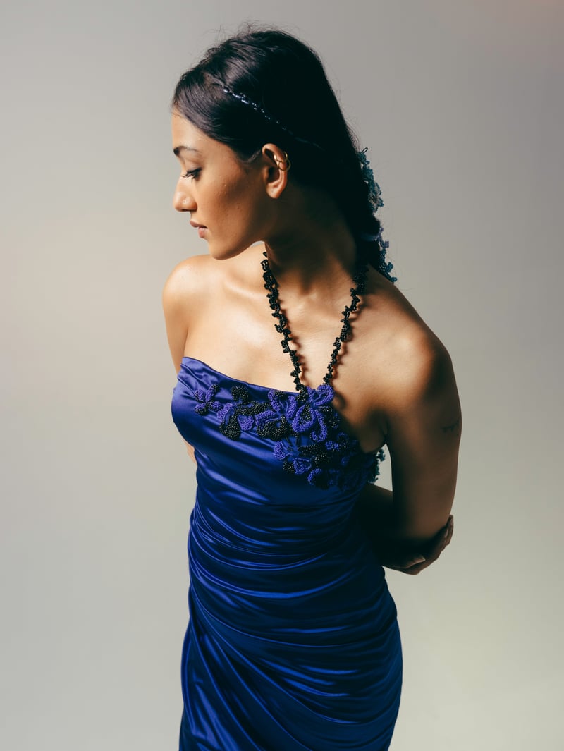 Blue Draped Stretch Satin Midi Dress