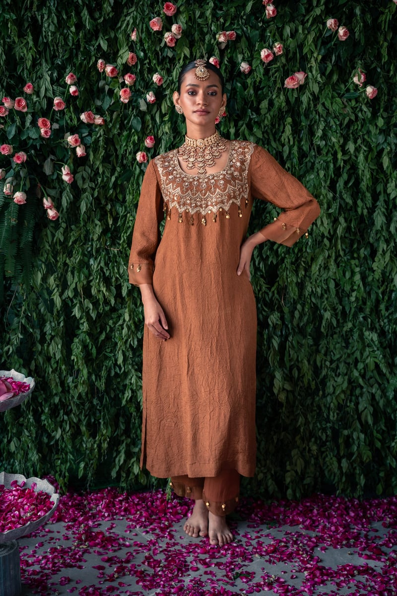 Brown Embroidered Crushed Silk Kurta Set with Dupatta